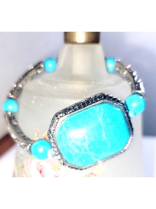Unknown Jewelry - Vintage Turquoise Stone and Chips Silver Tone Fillagree Bracelet